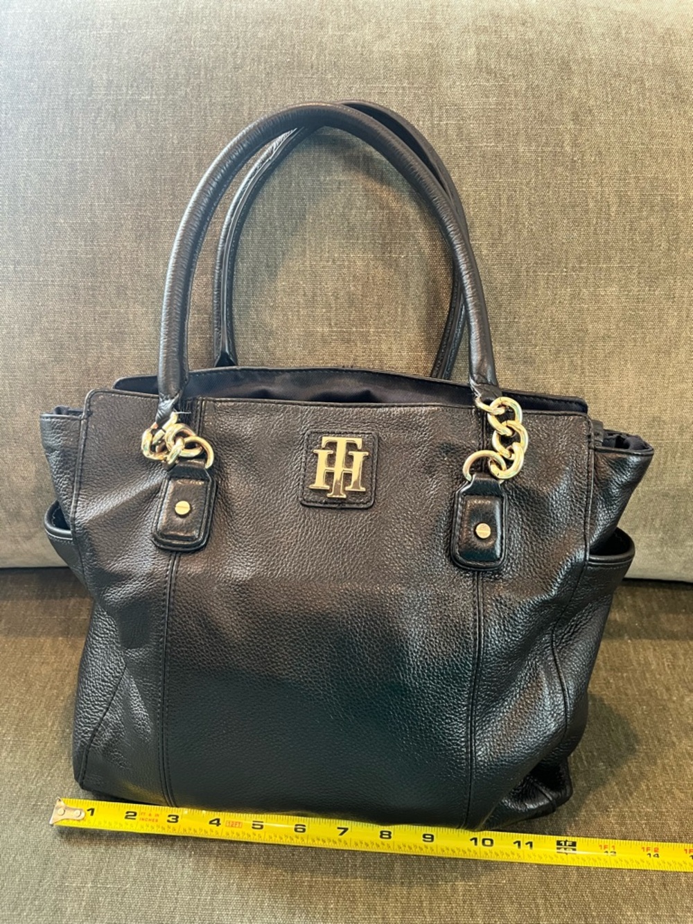 Tommy Hilfiger Black Leather Tote with Gold Chain Accents